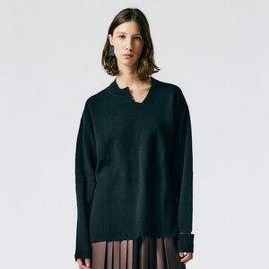 Tibi Soft Lambswool Cutout Neckband Distressed Black Pullover Knit Sweater EUC L